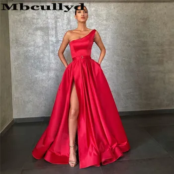 

Mbcullyd Red Satin Prom Dresses Long With Pocket 2020 Sexy High Split Formal Evening Party Gowns Cheap Plus Size robe de soiree