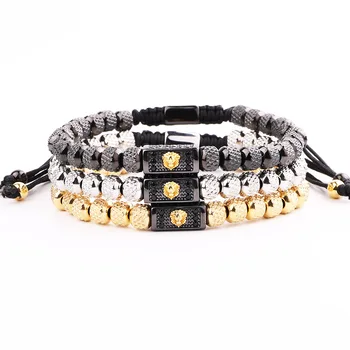 JARAVVI New Cute Design Stainless Steel Beads CZ Gold Lion Charm Macrame Bracelet Men