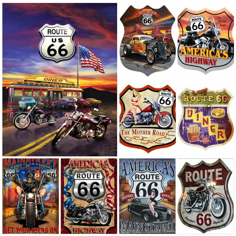 

Полноразмерная Алмазная картина с квадратными/круглыми мотивами Северной Америки, Алмазная мозаика Route 66 для езды на мотоцикле, вышивка крестиком, ручная работа, подарок для украшения комнаты