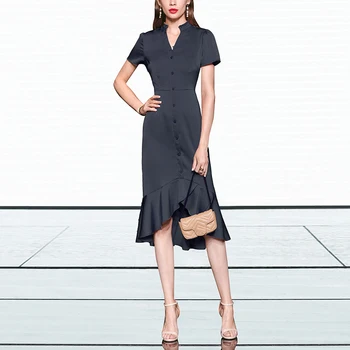 

Seifrmann Summer Office Ladies Casual Midi Dress Women Fashion Designer V-Neck Single Breasted Asymmetrical Ladies Party Dresses