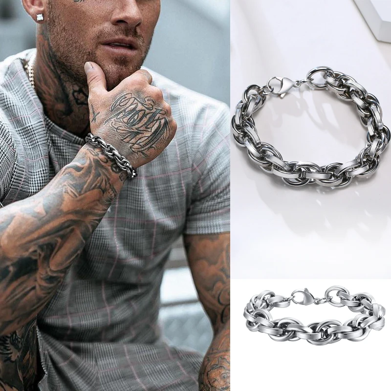 Men Twisted Rope Chain Bracelet Huge Heavy Stainless Steel Cage Link Brazalets