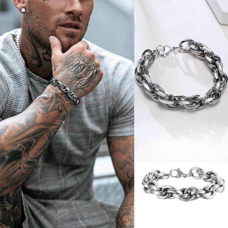Men-Twisted-Rope-Chain-Bracelet-Thick-Heavy-Stainless-Steel-Cage-Link ...