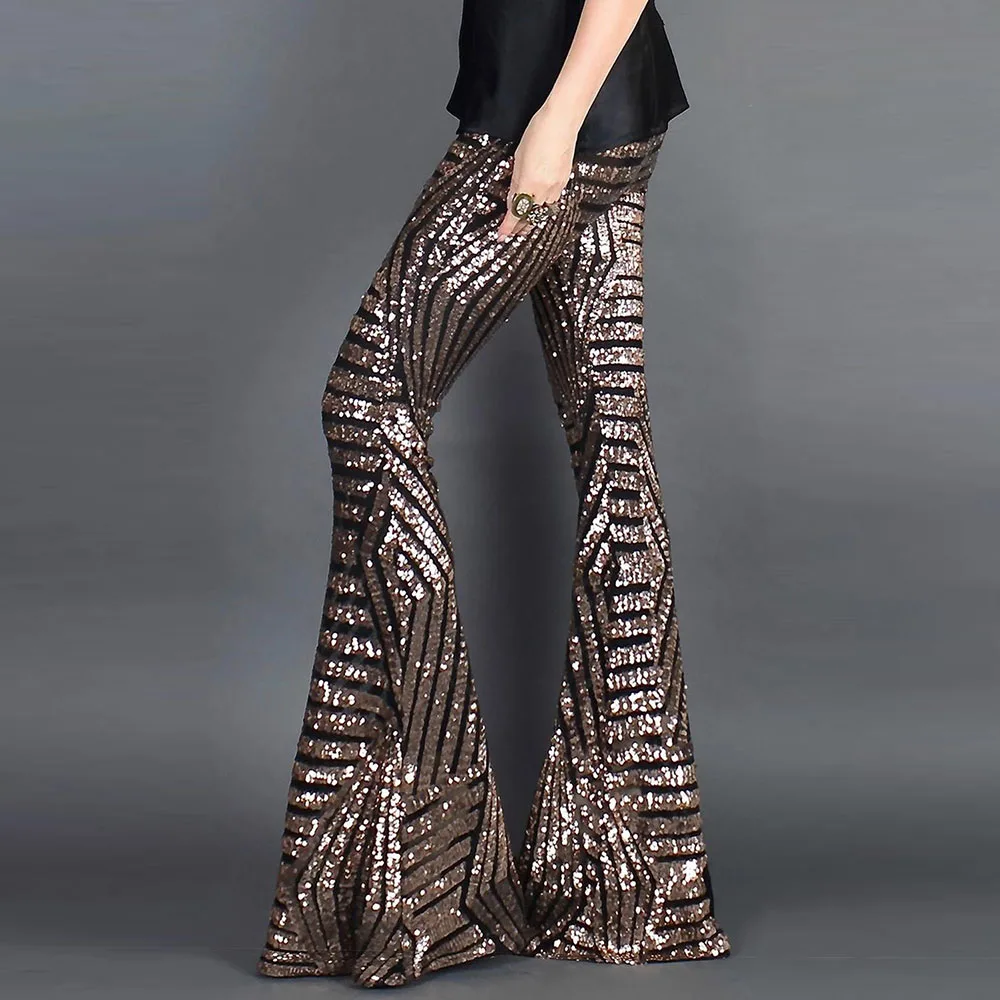 Sexy Black Silver Sequin Flare Pants High Waist Party Trousers Club XMAS Pants Outfit Streetwear Glitter Wide Leg Long Bell Pant