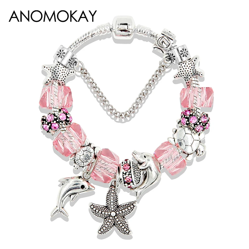 Dropshipping 5 Colors Ocean Starfish Dolphin Bead Bracelet DIY Crystal Charm Bracelets & Bangles Fashion Jewelry Gift Pulseras