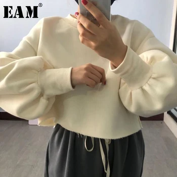 

[EAM] Women Beige Brief Big Size Short T-shirt New Round Neck Long Lantern Sleeve Fashion Tide Spring Summer 2020 1S578