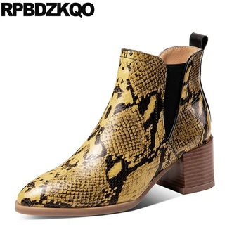 

winter chunky booties chelsea shoes yellow block genuine leather snake brand snakeskin women ankle boots medium heel fur size 34