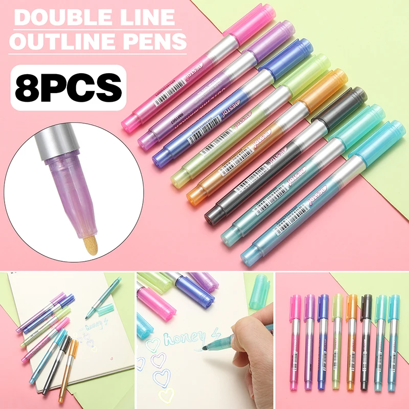 

8 Colors Metallic Double Lines Shimmer Marker Set Glitter Outline Pens Drawing Writing Supplies For DIY Project