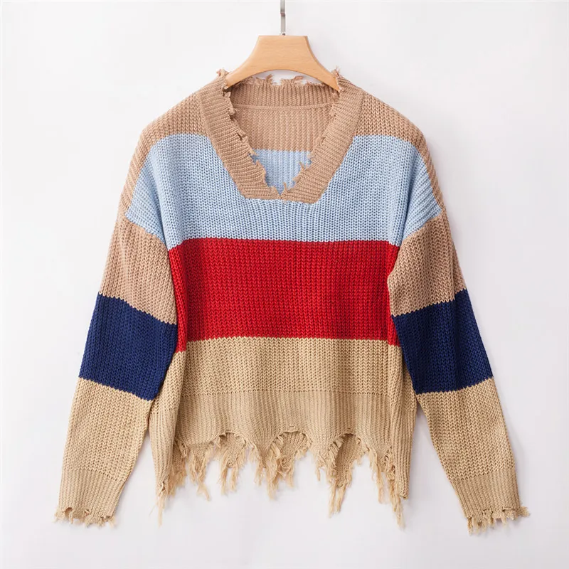 Хаки Осень, шикарный, Радужный, в полоску, искусственно Состаренный свитер, сексуальный, v-образный вырез, с открытыми плечами, бахрома, рваный свитер, женский, свободный, вязаный, для женщин - Цвет: Хаки