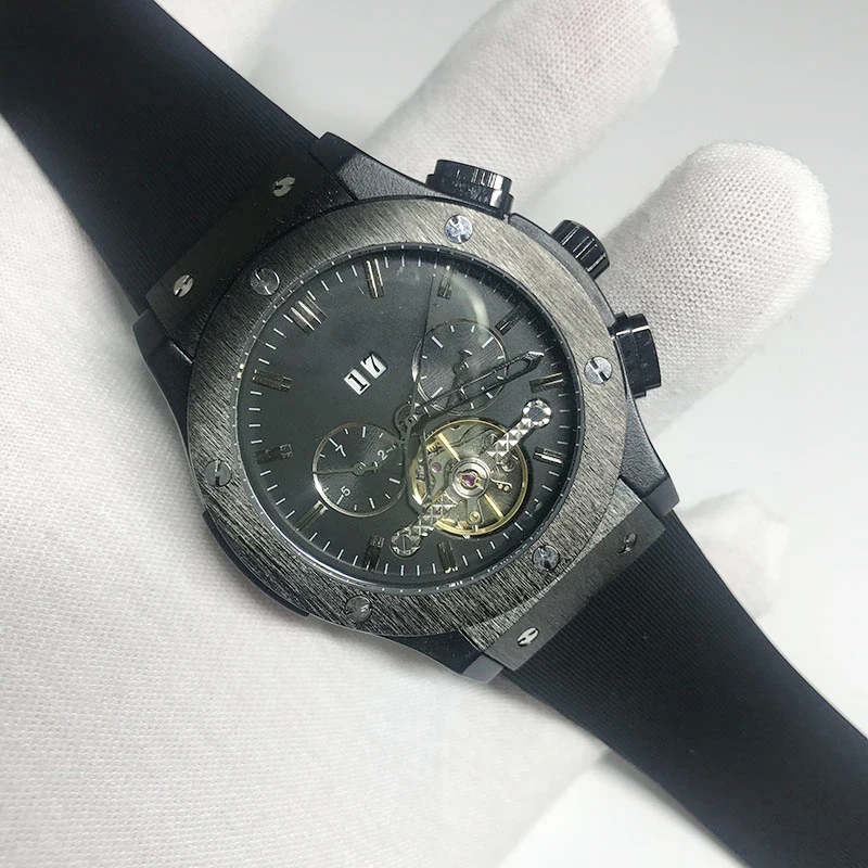 

3 types Mens skeleton watch black dial automatic self winding glide smooth second hand leather strap good quality watches 2019