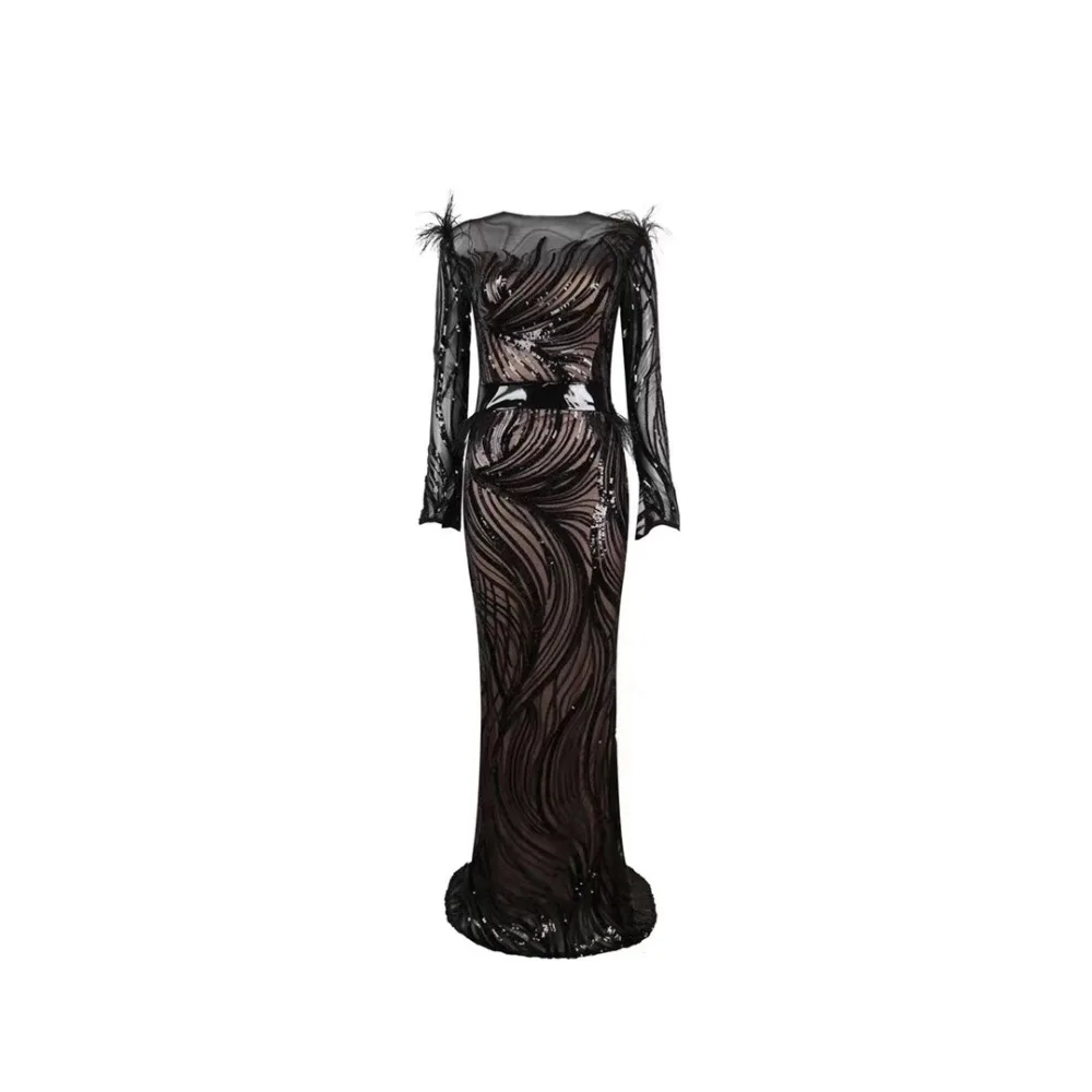 Новое поступление Черное длинное платье макси с пайетками Meramid Tassel вечерние сетчатые лоскутные платья Vestido Женские летние платья