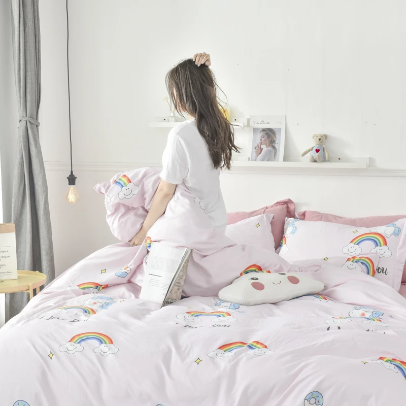 Little Fresh Style Washed Cotton 4pcs Duvet Cover Bed Sheet Pillowcase Rainbow Horse Butterfly Flowers Leaves Full Queen King