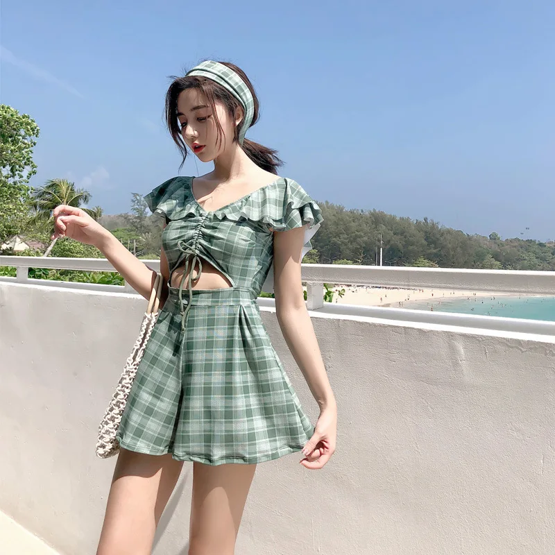 

Bikinis Female 2019 Woman Swimsuit Ladies Swiming Swim Suits For Full One Piece Women Waves New Products Korea Plaid Polyester