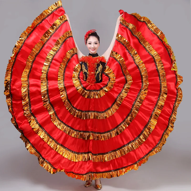

Adult Female Spanish Bullfighting Dance Costume Lace Big Swing Dress Chorus Long Dresses Stage Flamenco Skirts DL6116