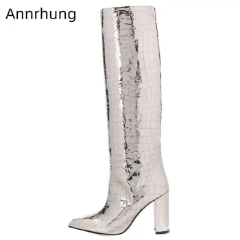 

Walking Long Boots Women Point Toe Serpentine Pattern Multy Colors Runway Botas Mujer Square High Heel 2020 Fashion Boots Woman