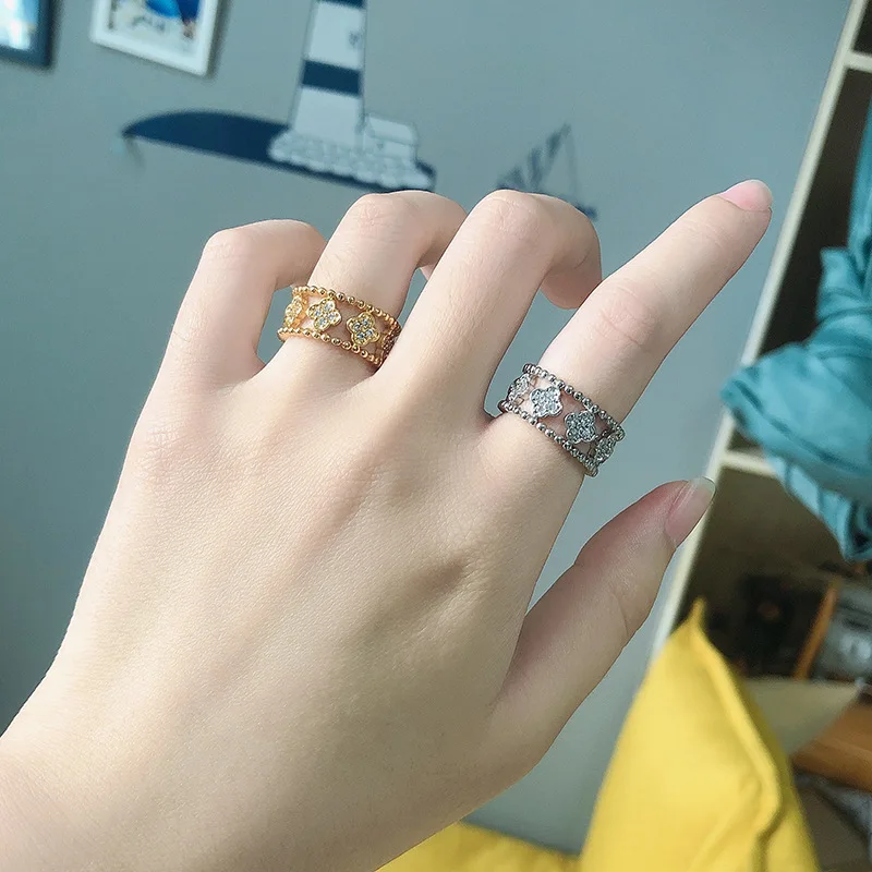 ZN Vintage Simple Inlay Zircon Four Leaf Clover Finger Rings Elegant Ladies Creative Accessories Fashion Jewelry Romantic Gifts