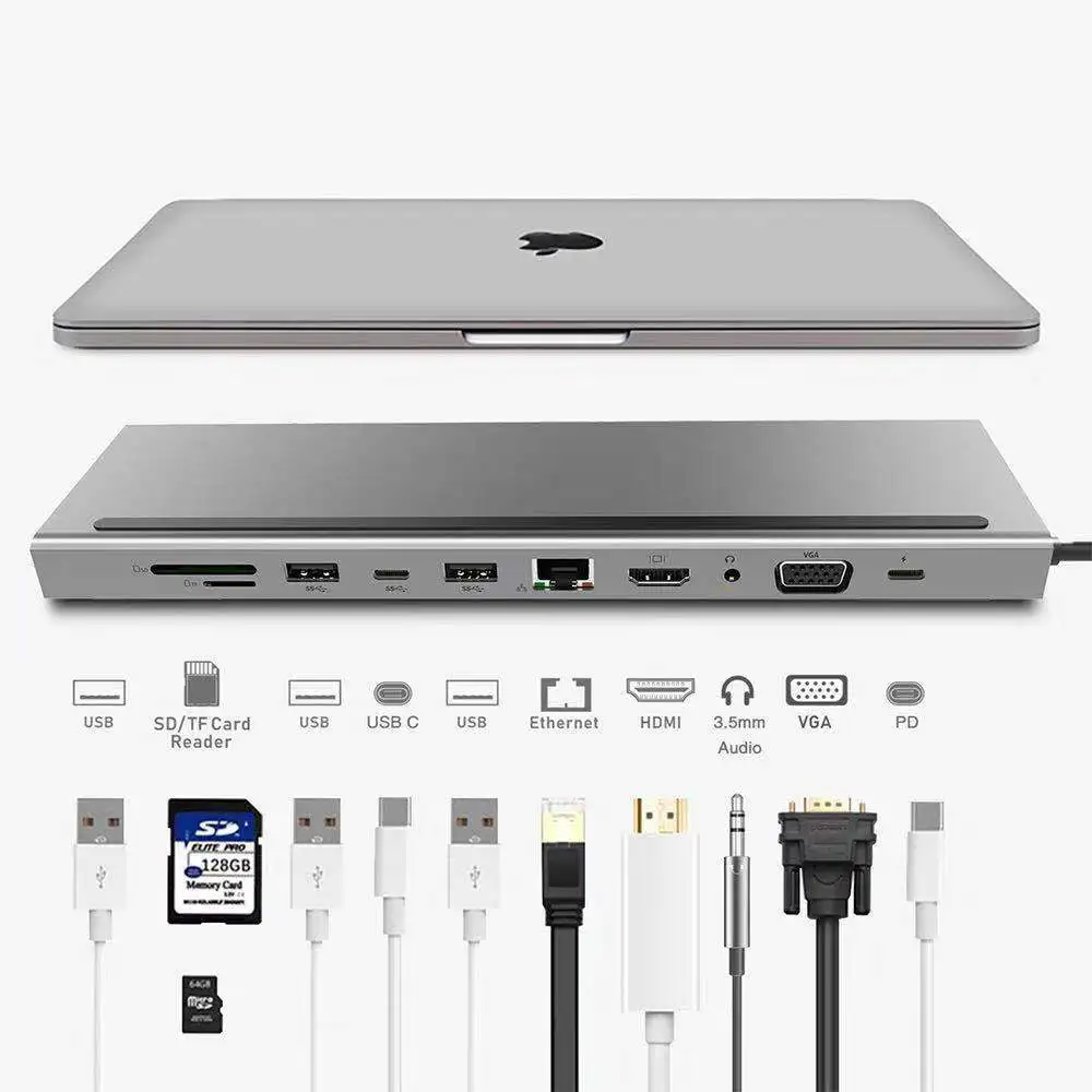 

For macbook pro Type-C HUB to 3.0 USB HDMI RJ45 USB HUB VGA for MacBook Accessories USB Splitter Multi 11 Ports Type C 11 in 1