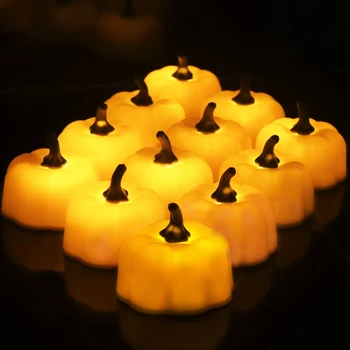 

FUNN-12 Pcs Orange Pumpkin Tealights 3D Pumpkin Flameless Candle Light Battery Operated LED Tea Lights for Halloween Christmas F