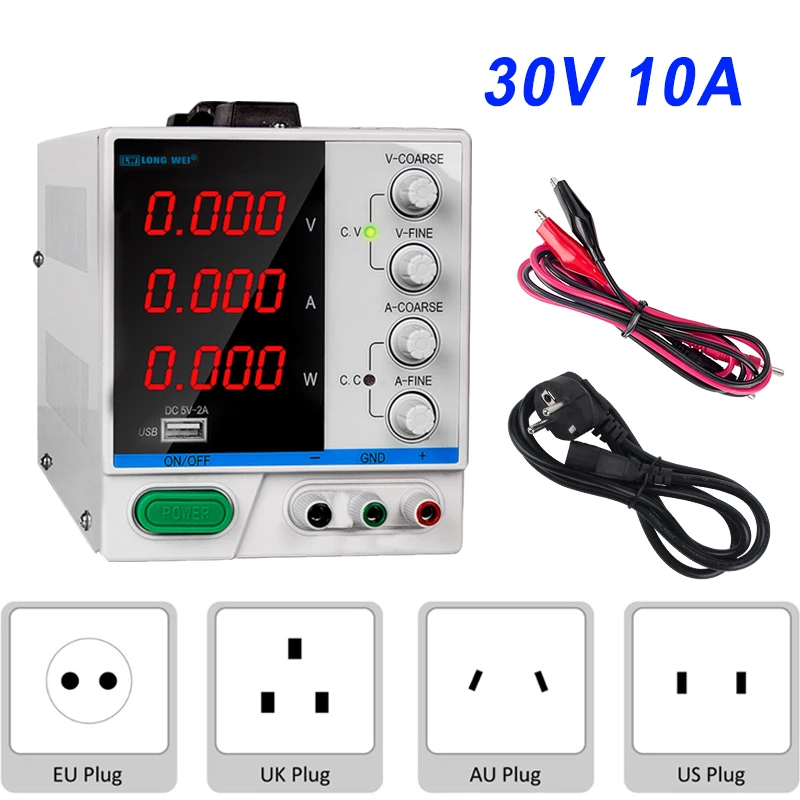 

Adjustabe DC Power Supply 30V10A LED Digital Lab Switching Power Supplies Voltage Regulators Power Source Repair Tool 110V-220V