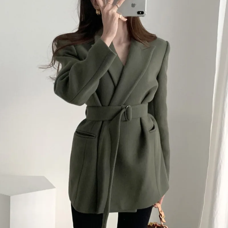 Korean Autumn Winter Women Wool Blend Blazers Jackets With Belt Work Office Lady Suit Casual Slim Business Female Blazer Coat