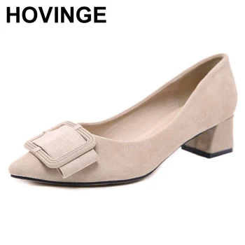 

HOVINGE New 2019 Women Med Heels Shoes Woman Solid OL Dress Party Wedding Thick Heels Pointed Square Buckle Classic Shoes