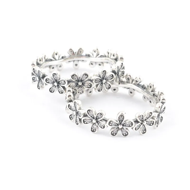 925 Sterling Silver Pan Ring Dazzling Daisy Flower Chain With Crystal Rings For Women Wedding Party Gift Fine Jewelry