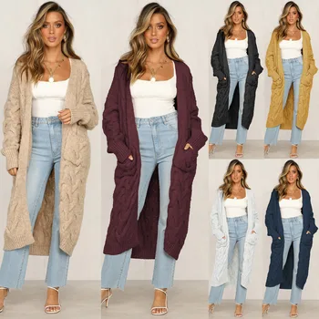 

H80&S90 Women Elegant And Generous Sweater 6 Pure Colors Snowflake Stereo Irregular Pocket Sweater Female Long Sweater Coat