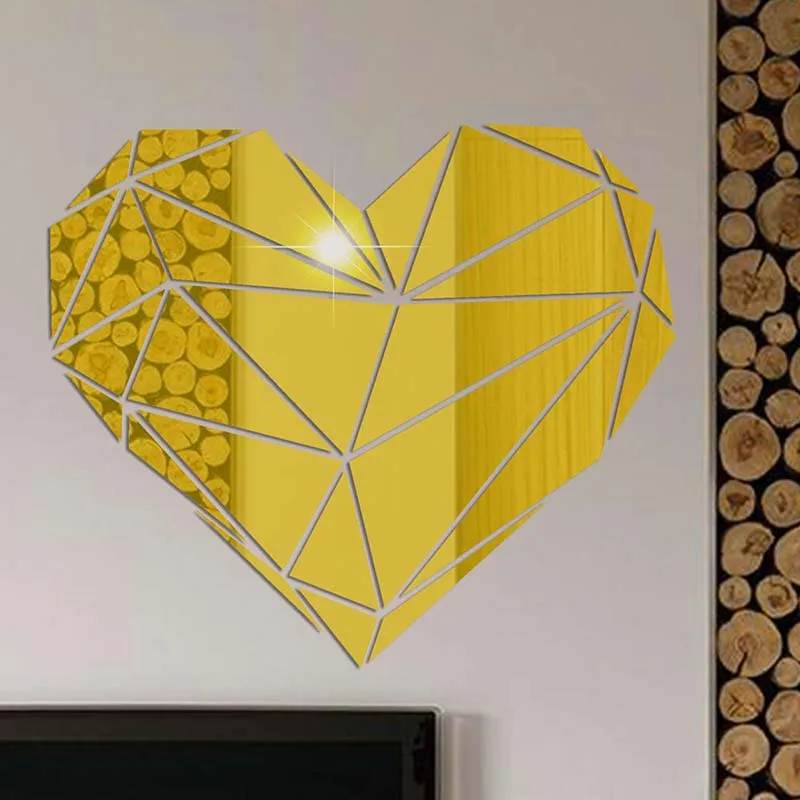 Heart Acrylic Mirror Wall Stickers 3D Creative Geometric Puzzle Heart Decoration Living Room Bedroom Art Wall Acrylic Decor