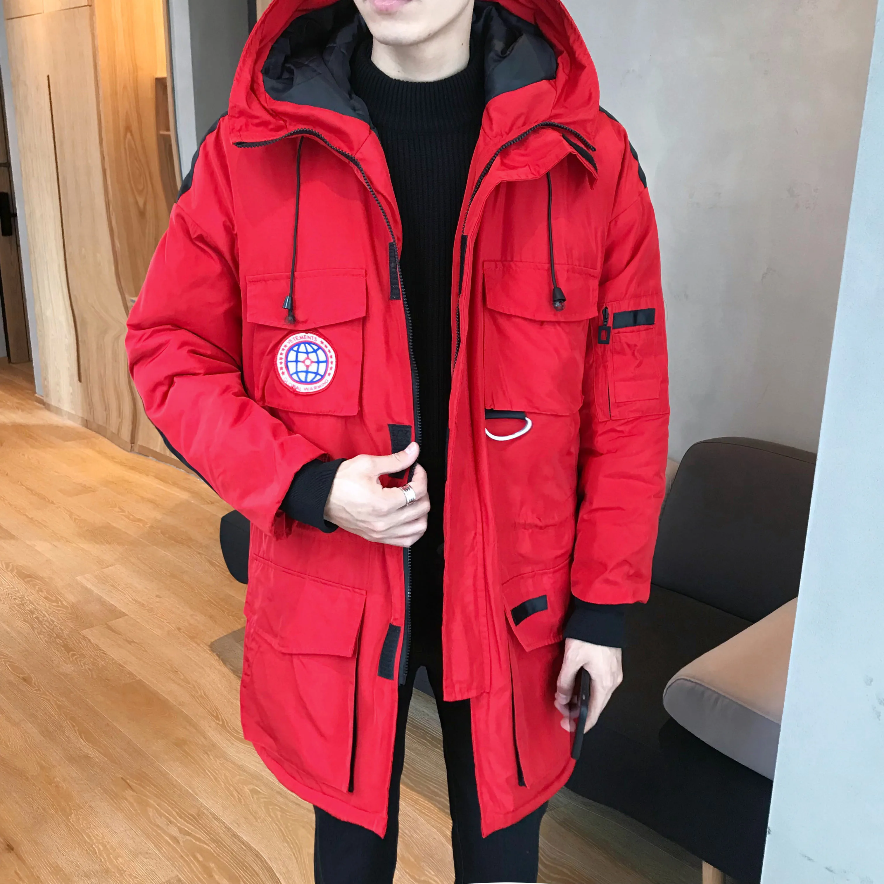 Толстые теплые мужские зимние куртки средней длины свободные Harajuku мужские парки пальто с капюшоном красные мужские ветровки пальто