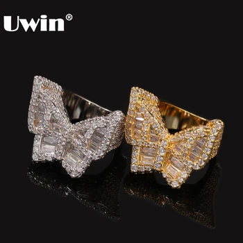 

UWIN Men Hiphop Ring Baguette Cluster Square Cut Large Butterfly Shape Cubic Zirconia Gold Color Party Ring Jewelry