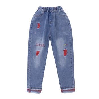

girls jeans 4-13 years old Cotton washed kids jeans Korean jeans Embroidered letters frayed hole long Pants kids jeans Leisure