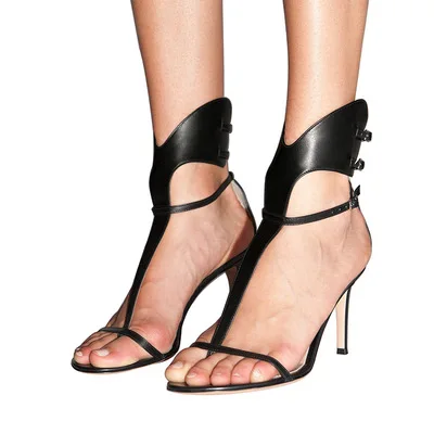 

Summer Black Leather Thin High Heels Sandals Buckle Sexy flip flops fashion stiletto Rome party Dress ladies Sandalias Mujer