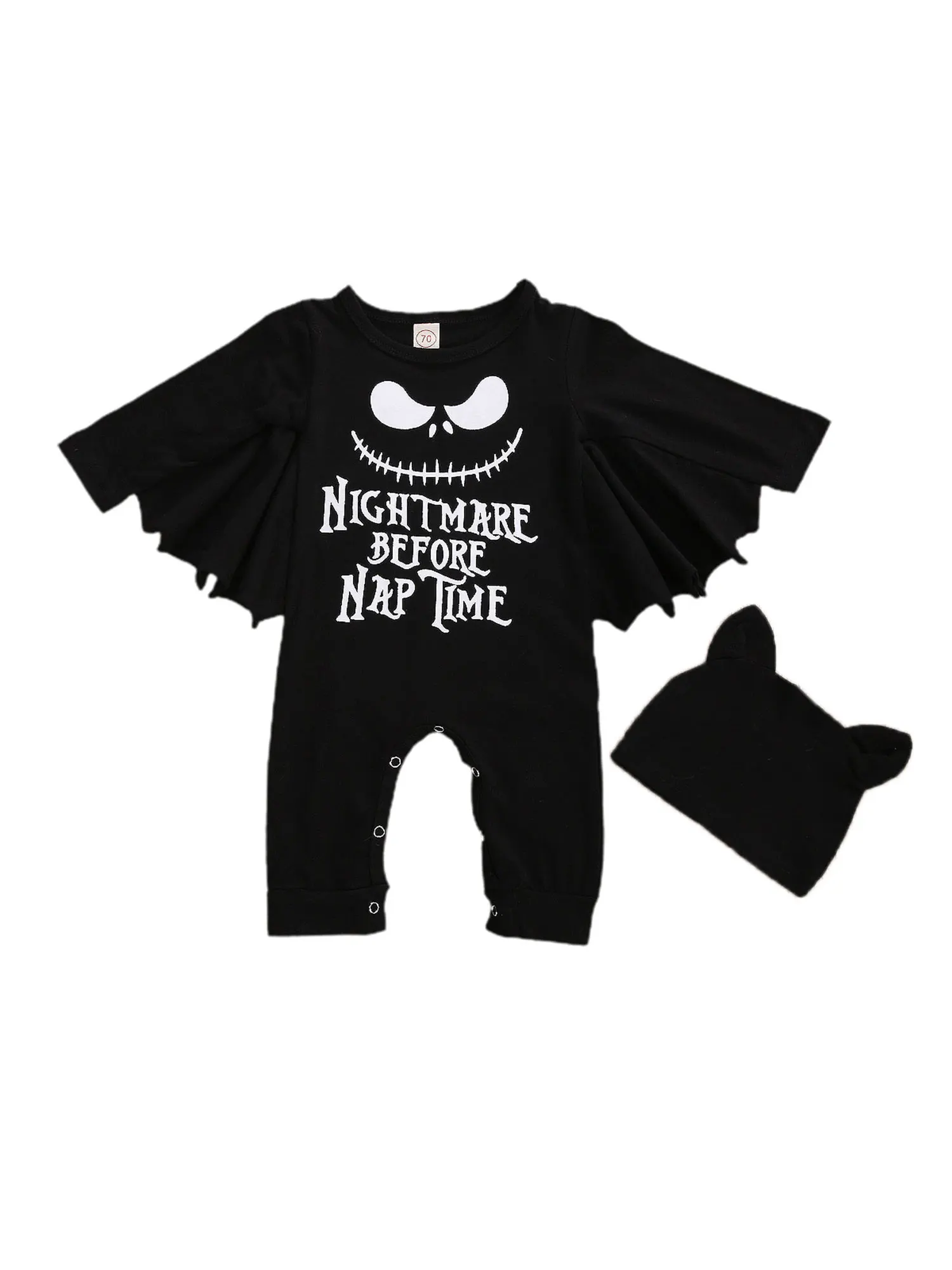 

Newborn Infant Halloween Jumpsuits Sets Bat Sleeve Cartoon Printed Long Romper Overall Pant + Beanies Hat