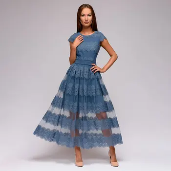 

Women Vintage Lace Patchwork A-line Party Dress Short Sleeve O neck Solid Elegant Casual Dress 2020 Summer New Fashion Dress