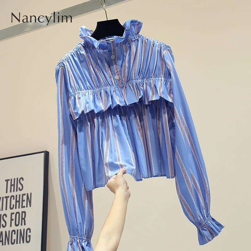 

Lotus Leaf Striped Long-sleeved Shirt Woman 2019 Autumn New Korean Loose Short Design Blouse Coat Female Blue Blusas Tops