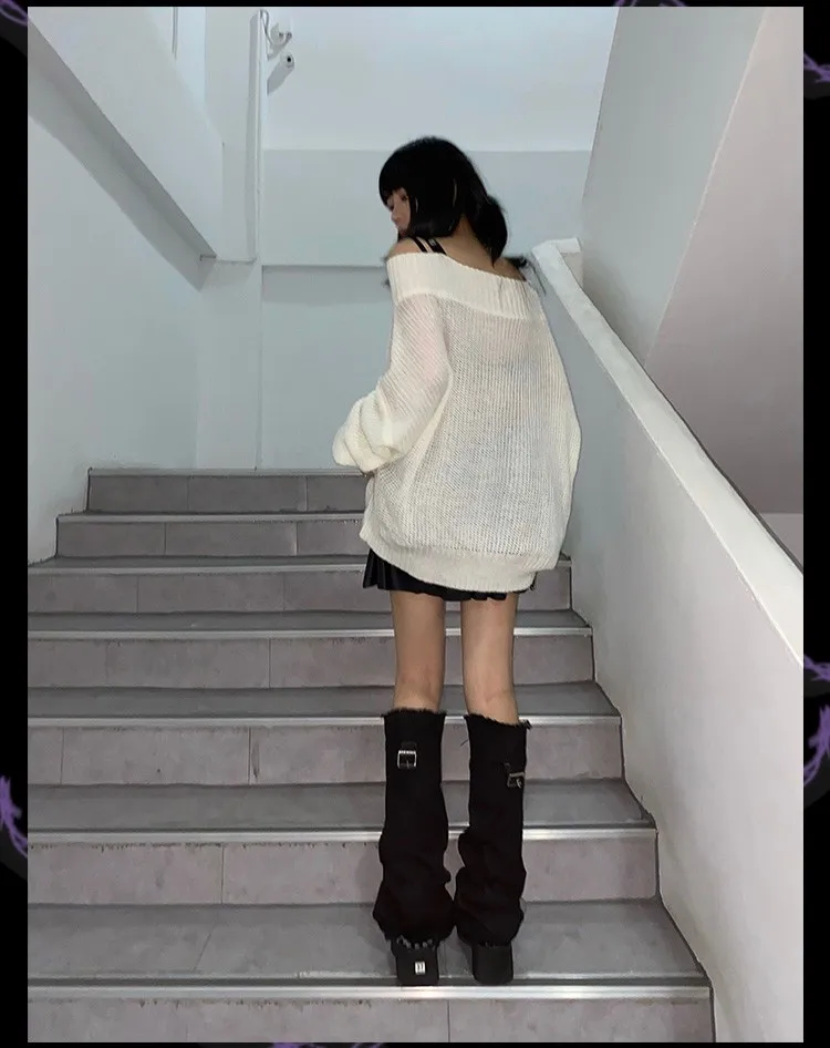 Karrram Harajuku Gothic Knitted Sweaters Punk Girls Cross Off Shoulder Loose Sweater Outwear Autumn Winter Streetwear Emo Grunge