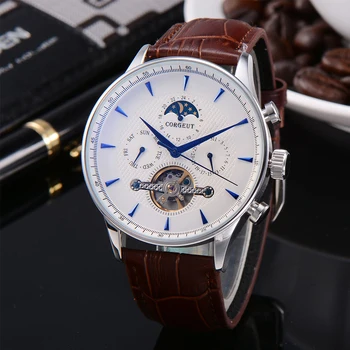 

44MM corgeut white dial Moon phase Tourbillon stainless case leather Multifunction Automatic mens mechanical watch часы мужские