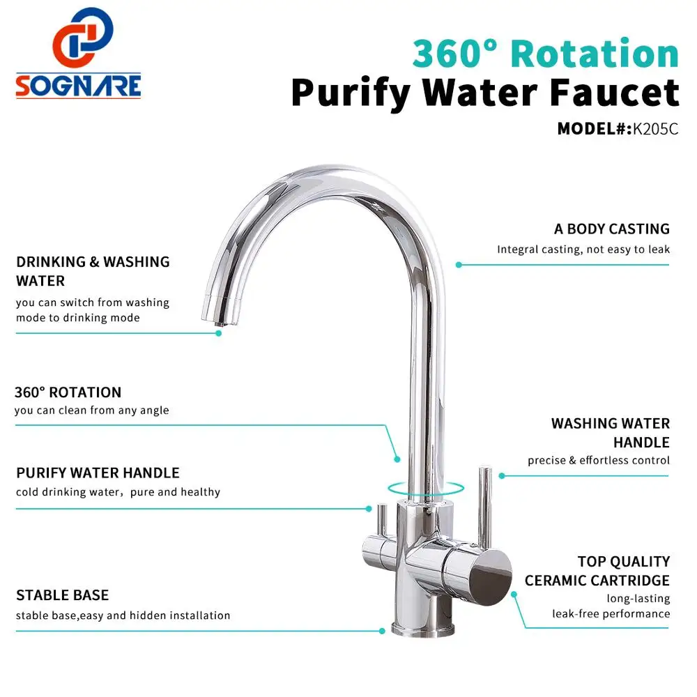  Kitchen Faucet with Filtered Water Mixer 360 Degree Rotation 3 Way Drink Water Tap Chrome Brass Sin - 32895933378