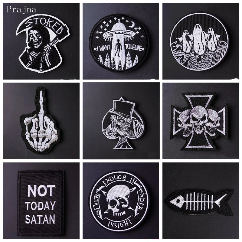 

Prajna DIY Iron On Band Patch Iron Embroidered Patches Military UFO Badges Hippie Skull Patches For Clothes Stickers Rock Music