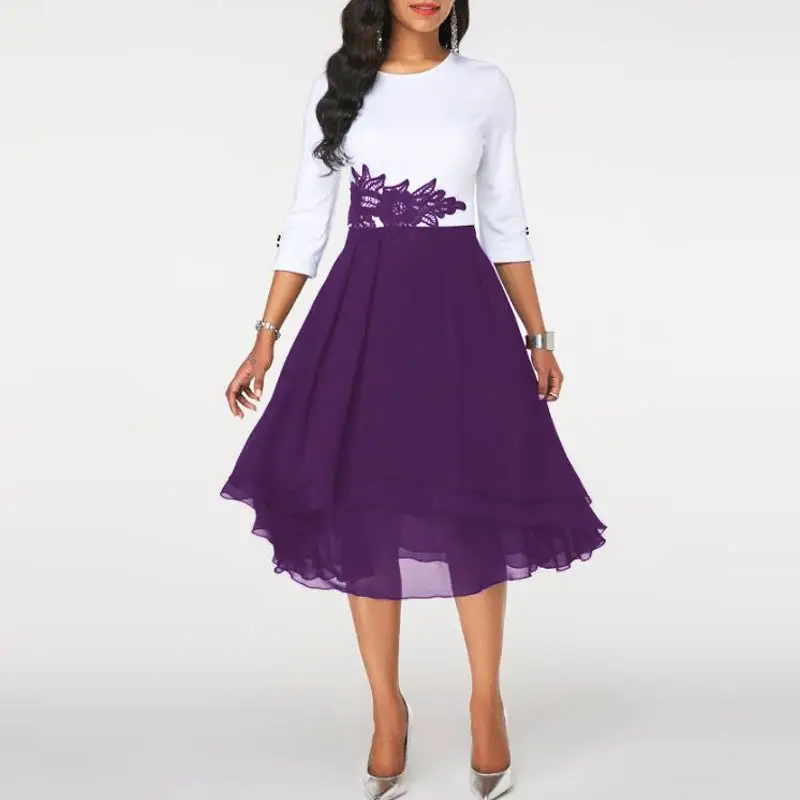MISSJOY/вечерние платья для женщин, осень, большие размеры, круглый вырез, кружево, пэчворк, офисная работа, элегантная трапециевидная Женская одежда, Vestidos S-5XL - Цвет: Purple