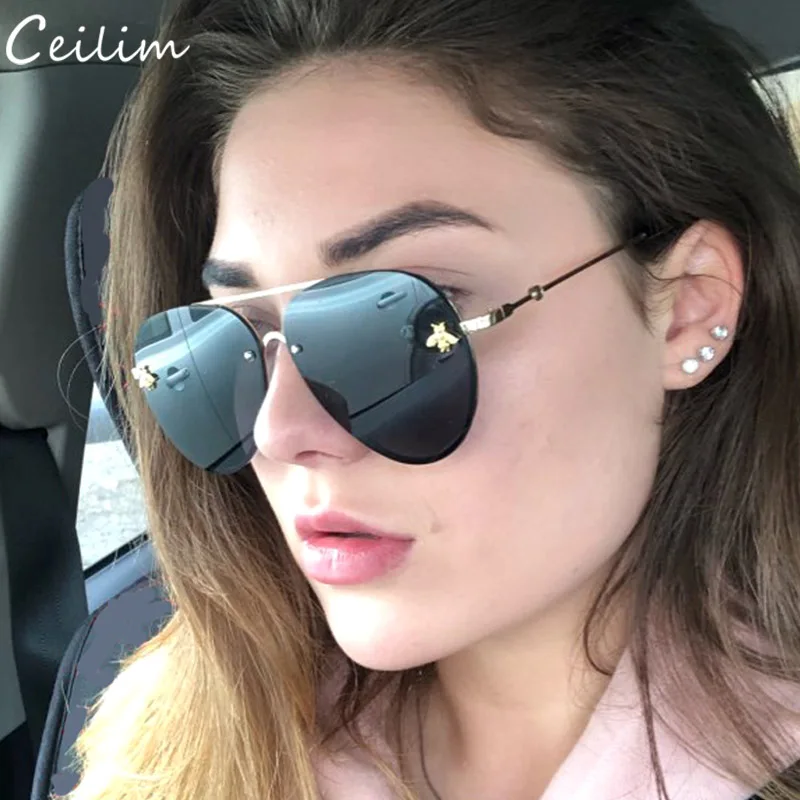 

Luxury Black Bee Sunglasses Women Brand Designer 2019 Oversize Rimless Pilot Sun Glasses Lady Gold Frame Gradient Mirror Shades