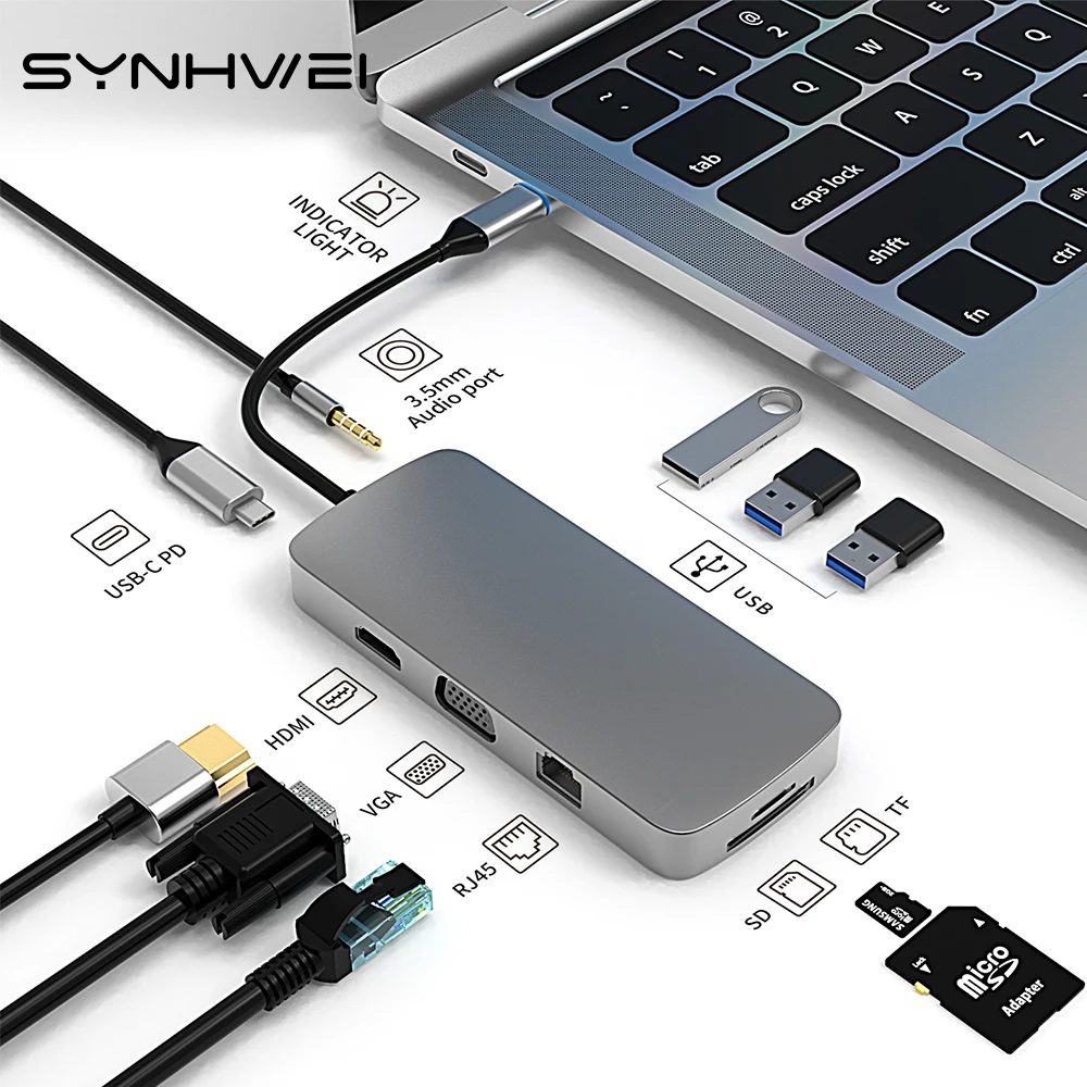 10 in 1 USB C HUB Type Adapter to HDMI 4K VGA 1080P RJ45 100M SD/TF Card 3.5MM AUX Port Docking Station PC Laptop Splitter | Компьютеры и