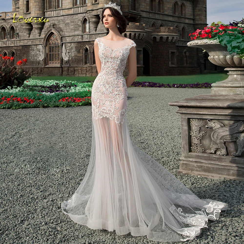 Loverxu Sexy Backless See Through Mermaid Wedding Dresses Luxury Applique Lace Sweep Train Vintage Trumpet Bridal Gowns