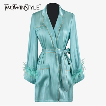 

TWOTWINSTYLE Bowknot Patchwork Feather Coat Female Long Sleeve Lapel Collar Lace Up Elegant Womens Coats Fashion Autumn New 2020