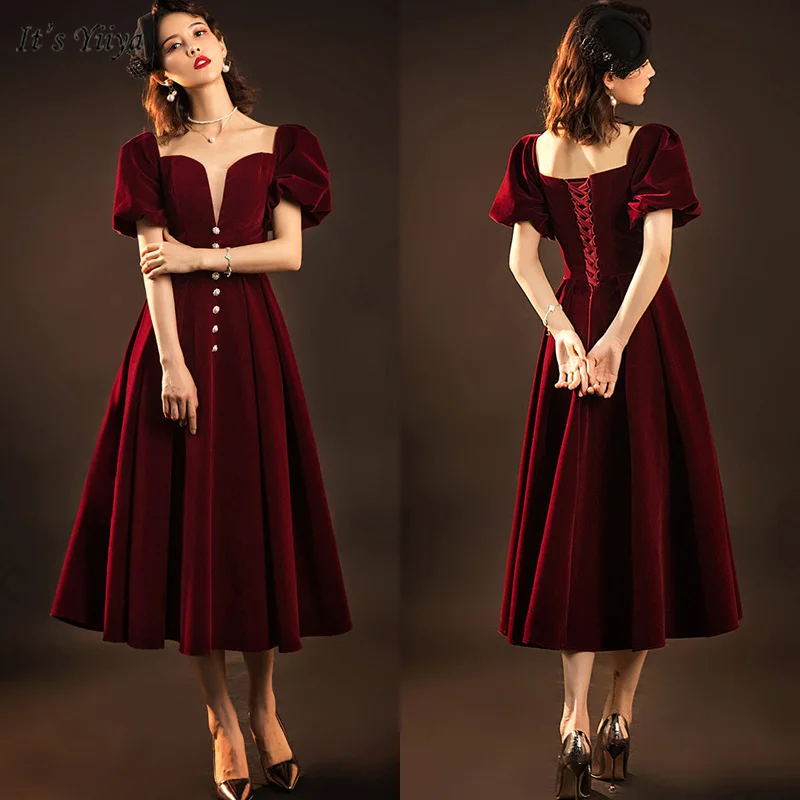 

It's Yiiya Evening Dress 2019 Elegant Square Collar Short Sleeve Robe De Soiree A-Line Women Party Dresses V165