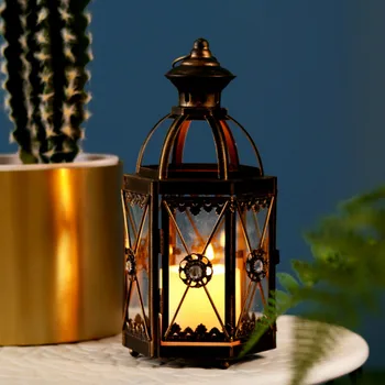

Windproof Table Candle Holder Glass Outdoor Hanging Black Iron Vintage Candle Holder Moroccan Portavelas Candlestick KK60ZT
