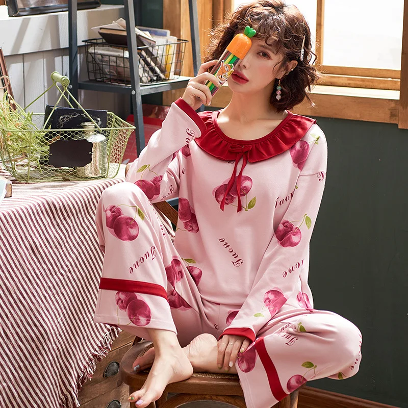 

Autumn Winter Pajamas Set Casual and Comfortable Apple Print Long-sleeve Coat + Printed Elastic Band Pants Pajamas Home Homewear