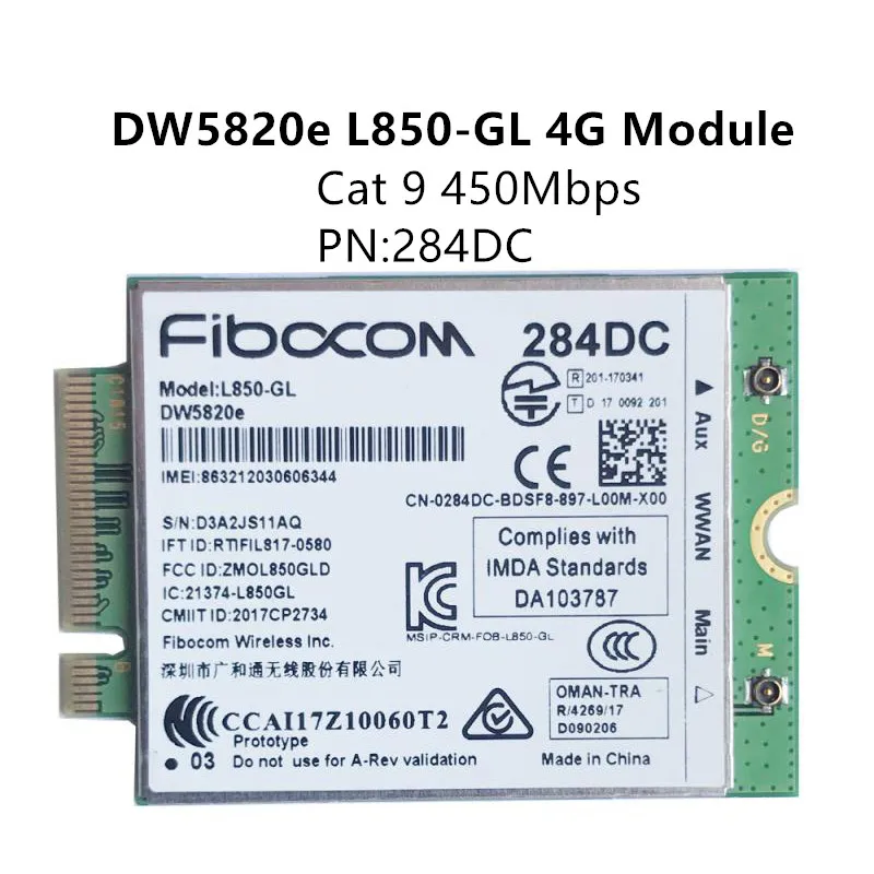 Fibocom L850 GL DW5820e LTE Cat9 модуль NGFF M.2 450 Мбит/с скорость загрузки WCDMA 4G WWAN карта для