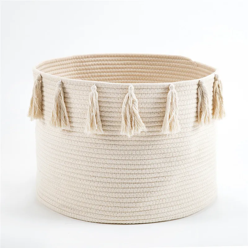 Nordic cotton rope woven tassel storage basket baby diaper storage box laundry basket Storage of toys for children - Color: White