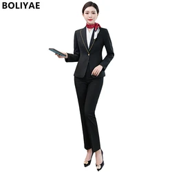 Boliyae primavera e outono calças profissionais terno feminino manga longa blazers escritório conjunto de roupas de trabalho mulher 2 peça conjunto formal