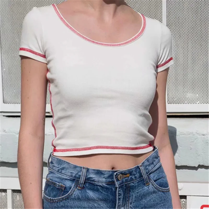 

Women's Short Sleeve T-Shirt Scoop Neck Crop Top Brandy Zelly Summer Tee Urban Girls Stitch Basic T-Shirts New 2023